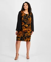 Connected Plus Sheer-Sleeve Printed Velvet Dress