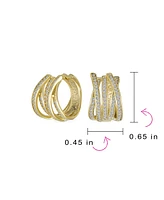 Bling Jewelry Modern Five Rows Micro Pave Cz Wide Criss Cross Huggie Hoop Earrings For Women Formal Party Yellow Gold Plated Hinge Style 0.6 Inch Diam