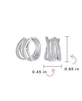 Bling Jewelry Modern Five Rows Micro Pave Cz Wide Criss Cross Huggie Hoop Earrings For Women Formal Party Silver Rhodium Plated Hinge Style 0.6 Inch D