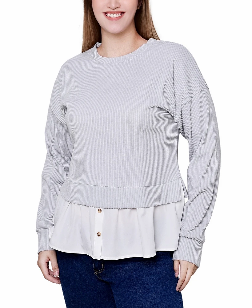 Ny Collection Petite Long Sleeve Two-Fer Top with Gathered Inset