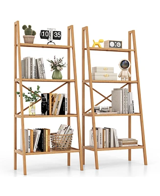 Gymax 2PCS 4-Tier Bamboo Ladder Bookshelf 58'' Display Shelf Storage Rack Plant Stand