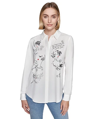 Karl Lagerfeld Paris Women's Graphic Button-Front Top