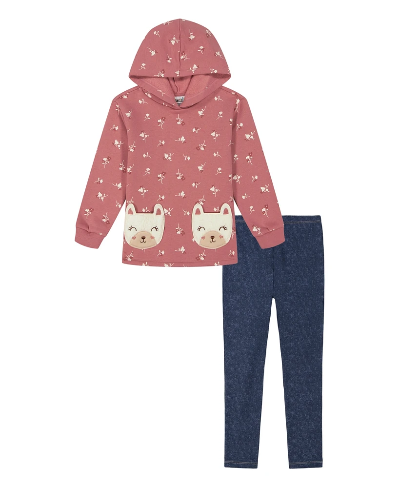 Kids Headquarters Baby Girl Printed Fleece Kitty Pocket Hooded Tunic Jeggings