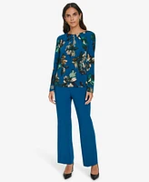 Calvin Klein Petite Printed Pleat-Neck Long-Sleeve Top