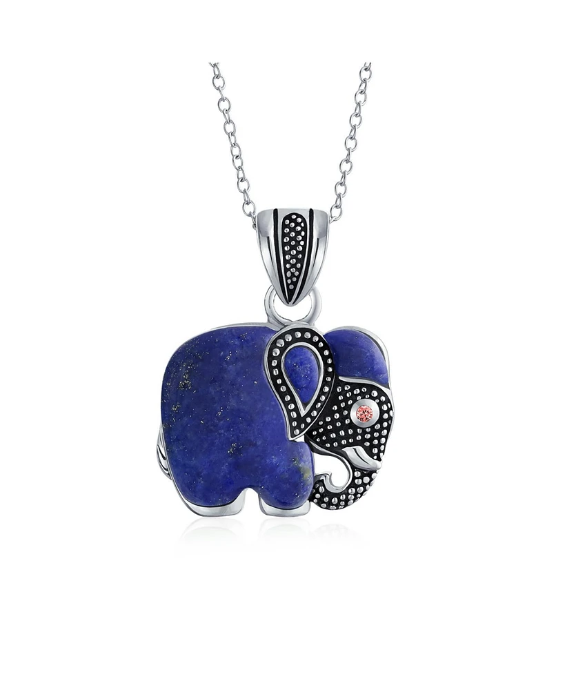 Bling Jewelry Bali Style Indian Elephant Tribal Blue Natural Lapis Lazuli Pendant Oxidized Sterling Silver Necklace For Women With Chain