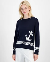 Nautica Jeans Women's Contrast-Anchor Crewneck Sweater