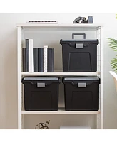 Iris Portable Letter Size File Box with Built-In Organizer Lid and Handle for Hanging Folders, 4 Pack, Large, Black