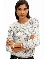 Desigual Women's Blouse with adjustable sleeves and text prints.