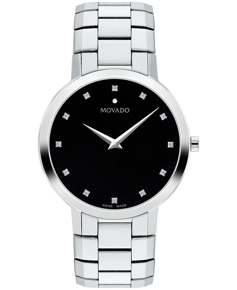 Movado Men's Faceto Swiss Quartz Stainless Steel Diamond Accent Watch 39mm - Silver