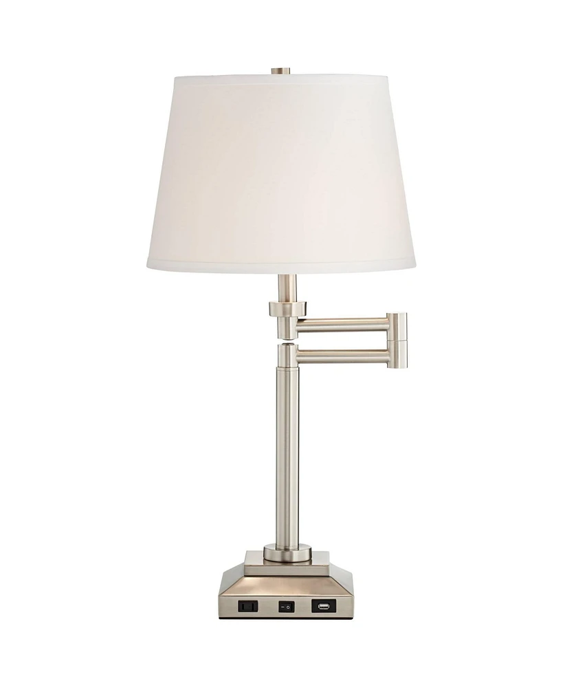 360 Lighting Camber Modern Desk Table Lamp Swing Arm with Hotel Style Usb and Ac Power Outlet in Base 29" Tall Brushed Nickel Linen Shade for Living R