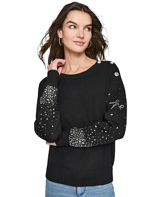 Karl Lagerfeld Paris Women's Rhinestone-Trim Crewneck Sweater