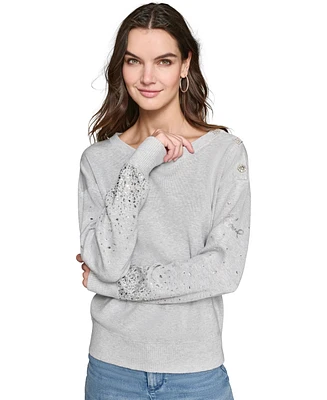 Karl Lagerfeld Paris Women's Rhinestone-Trim Crewneck Sweater