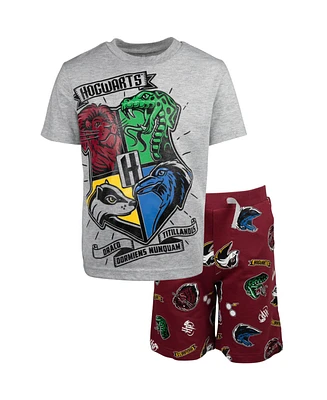 Harry Potter Boys Gryffindor Hufflepuff Slytherin Ravenclaw Graphic T-Shirt & French Terry Shorts Outfit Set