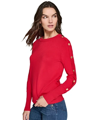 Karl Lagerfeld Paris Petite Embellished Button-Sleeve Sweater