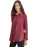 Dkny Jeans Petite Buttoned-Cuff Fold-Collar Blouse