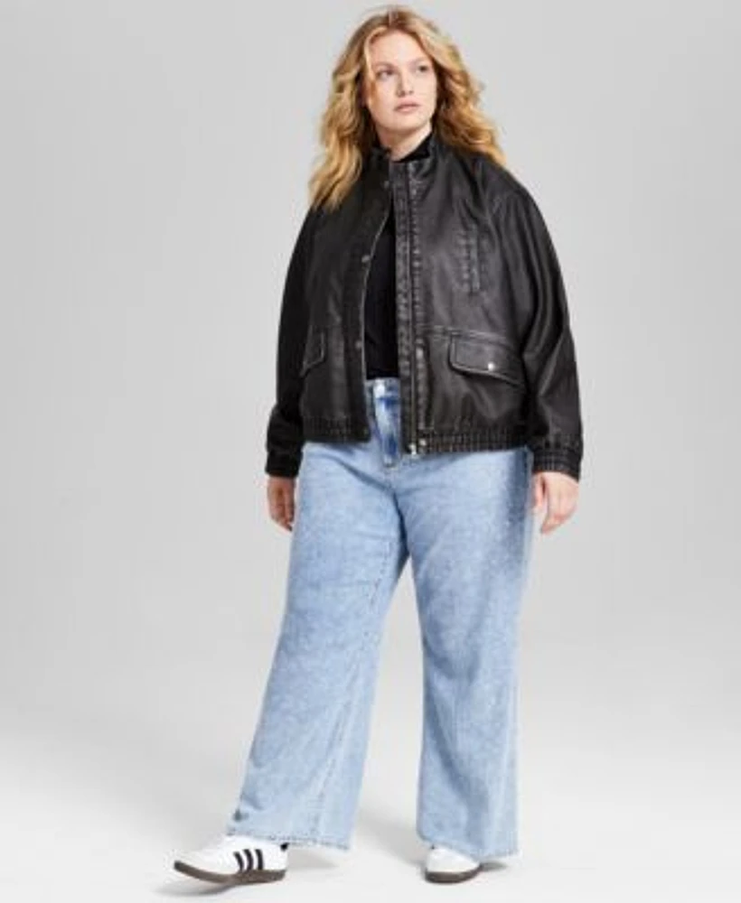 Now This Trendy Plus Size Faux Leather Jacket Mock Neck Top Rhinestone Embellished Jeans