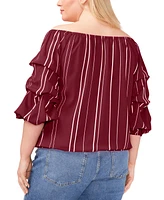 Vince Camuto Plus Striped Off The Shoulder Bubble Sleeve Tie Front Blouse