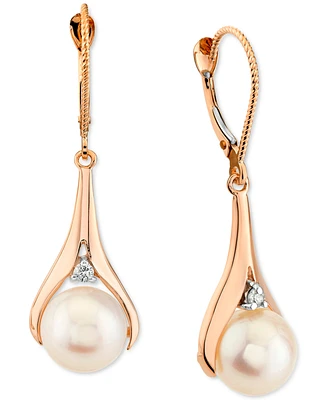 Cultured Freshwater Pearl (8-1/2mm) & Diamond Accent Leverback Drop Earrings in 14k Rose Gold