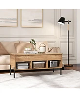 Sugift Living Room Central Table with Lifting Tabletop and Metal Legs-Natural