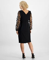 Connected Petite Sheer-Sleeve Applique Sheath Dress