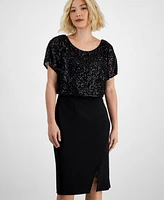 Connected Petite Sequin Boat-Neck Dolman-Sleeve Dress