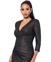 Xscape Petite Ruched Metallic Long-Sleeve Gown