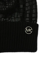 Michael Michael Kors Logo Charm Ribbed Trim Croc-Embossed Beanie