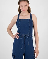 Tinseltown Juniors' Wide-Leg Square-Neck Tie-Front Cargo Jumpsuit