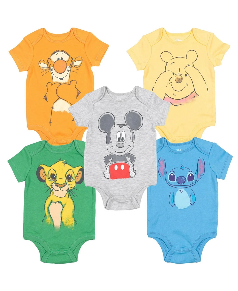 Disney Baby Boys Mickey Mouse Lion King Winnie the Pooh Pixar Toy Story Finding Nemo 5 Pack Bodysuits Newborn to