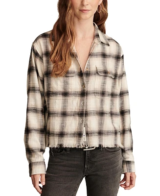 Lucky Brand Women's Cotton Raw Edge Plaid Cropped Button Down Top