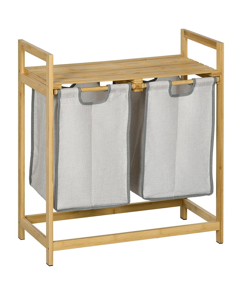 Homcom Double Laundry Hamper with 2 Removable Bags, Gray and Natural Wood