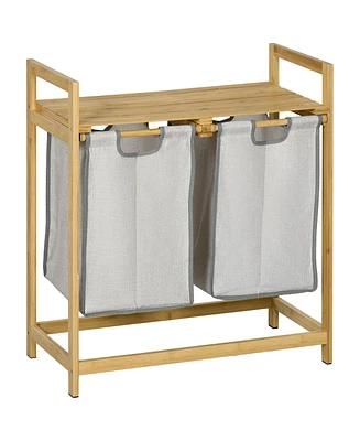 Homcom Double Laundry Hamper with 2 Removable Bags, and Natural Wood