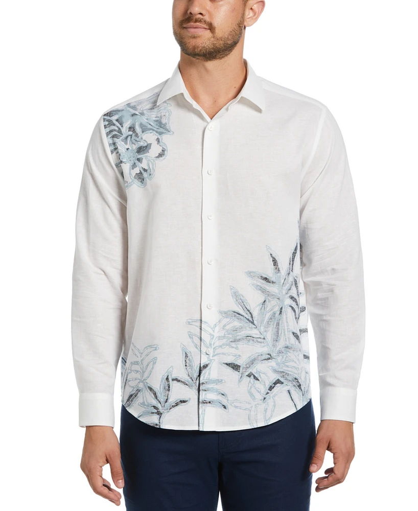 Cubavera Men's Linen Blend Reverse Asymmetric Placement Print Long Sleeve Button-Down Shirt