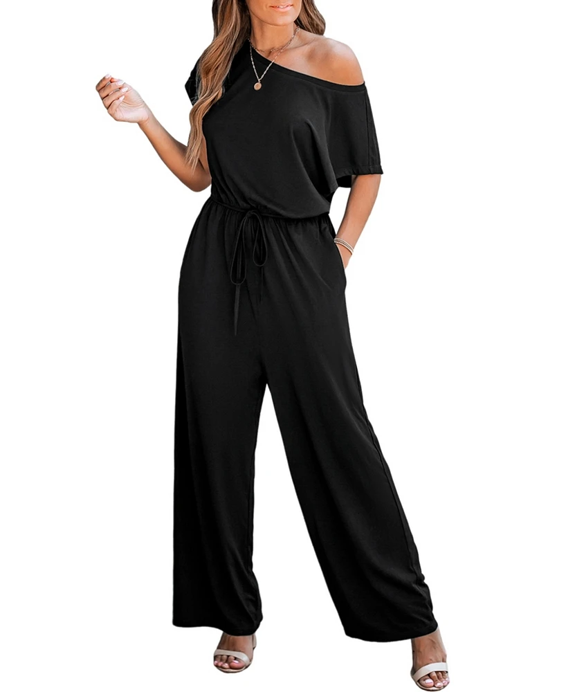 Cupshe Women's Black Off-Shoulder Straight Leg Jersey Jumpsuit