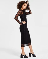 Bar Iii Women's Lace Long-Sleeve Crewneck Midi Dress, Created for Macy's