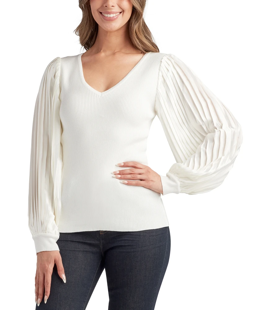 Bcx Juniors' V-Neck Rib-Knit Pleat-Sleeve Sweater