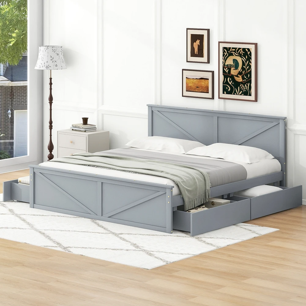 Simplie Fun King Size Wooden Platform Bed with Four Storage Drawers and Support Legs, Gray