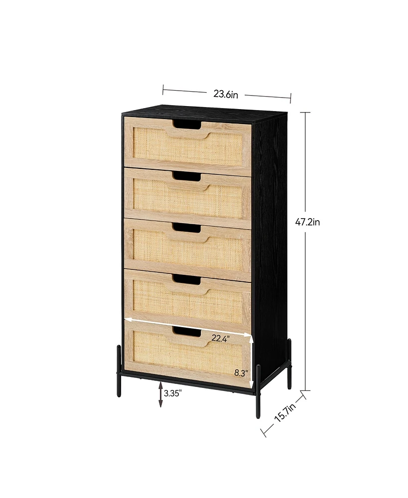 gaomon Modern Rattan 5 Drawers Dresser, Double Dresser for Bedroom