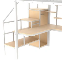 Metal Loft Bed with Staircase, Wardrobe, Desk, & Shelves