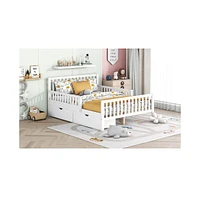 Full Size Wood Platform Bed with Guardrails on Both Sides and Two Storage Drawers, Gray