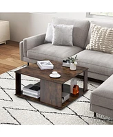 Sugift 2 Tiers Square Coffee Table with Storage and Non-Slip Foot Pads-Rustic Brown