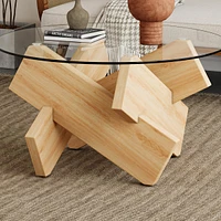 Streamdale Furniture Modern Circular Glass Coffee Table with Wood Legs