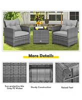 Costway 3PCS Patio Rattan Furniture Bistro Set Cushioned Sofas Side Table Armrest