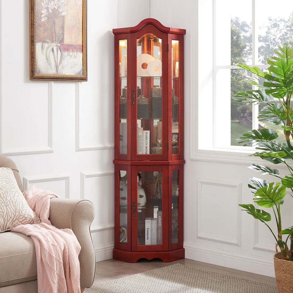 Streamdale Furniture Lighted Glass Corner Curio Cabinet with Crown and Bulbs