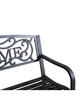 Streamdale Furniture 50" Black Metal Welcome Bench with Slatted Seat for Outdoor Spaces