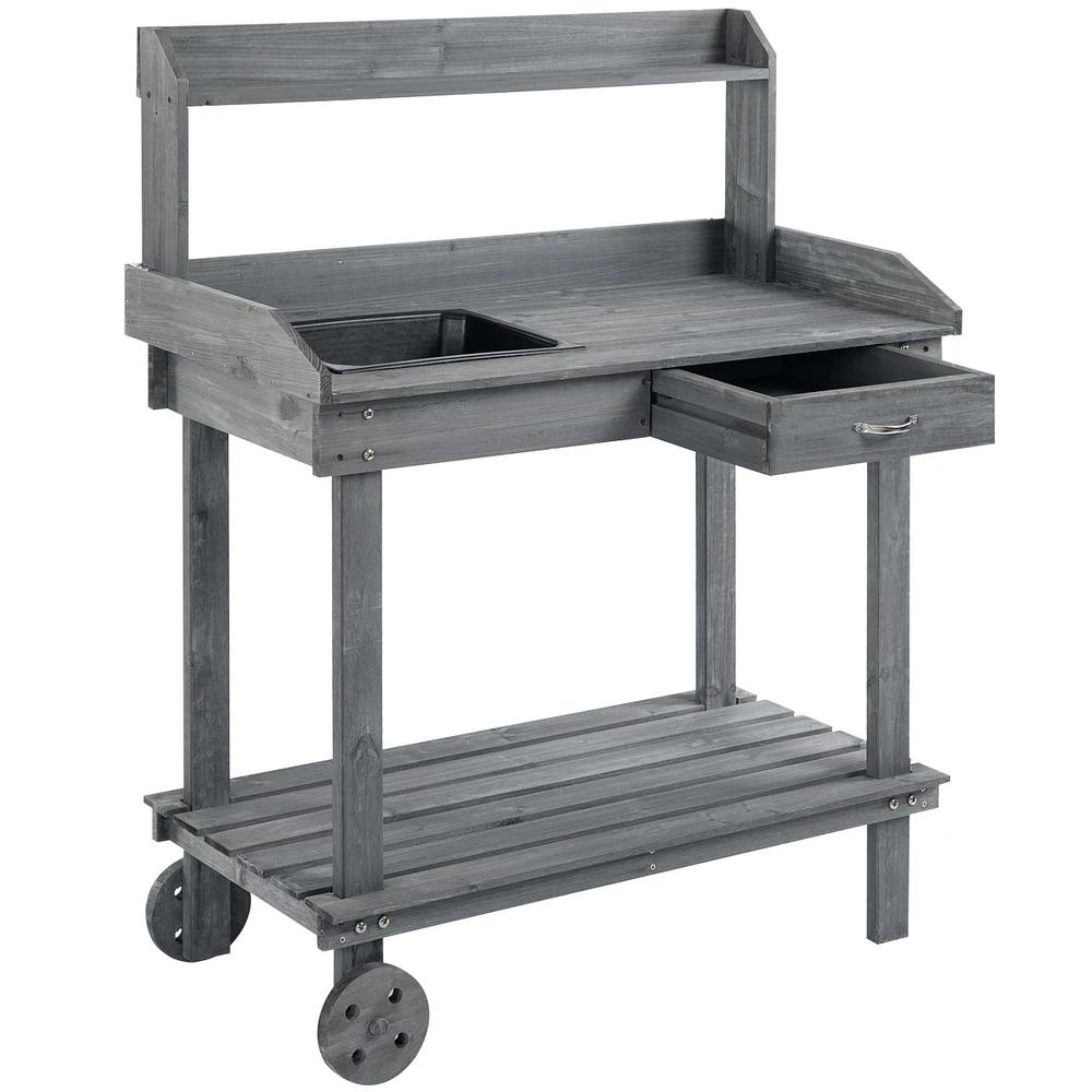 Simplie Fun 36" Gray Potting Bench with Wheels, Sink, Drawer & Storage