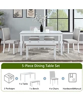 White Rectangular Dining Table with Bench for 6