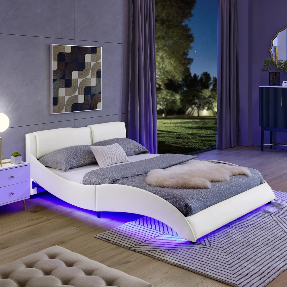 Simplie Fun Modern Faux Leather Upholstered Queen Platform Bed Frame with Rgb Led Lights, Headboard