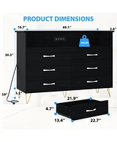 gaomon Dresser for Bedroom with Led Light & Charging Station, 6 Wooden Drawers Dressers with 2-Tier Open Shelves