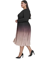 Dkny Plus Ombre Belted Pleated-Skirt Long-Sleeve Dress